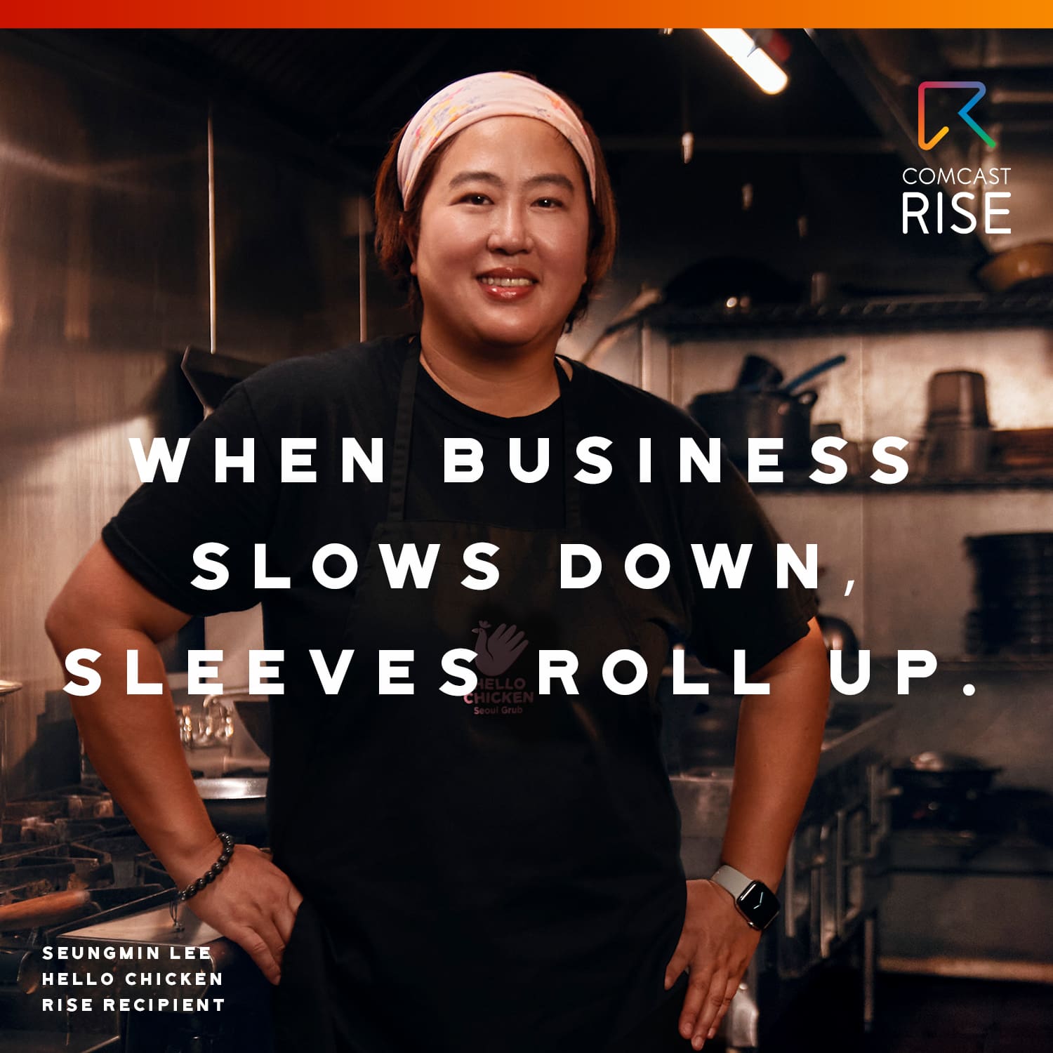 Women in kitchen wearing apron to promote Comcast RISE Event