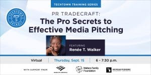 Blue, white and black graphic with female black public relations specialists featured on TechTown's graphic discussing the upcoming PR workshop