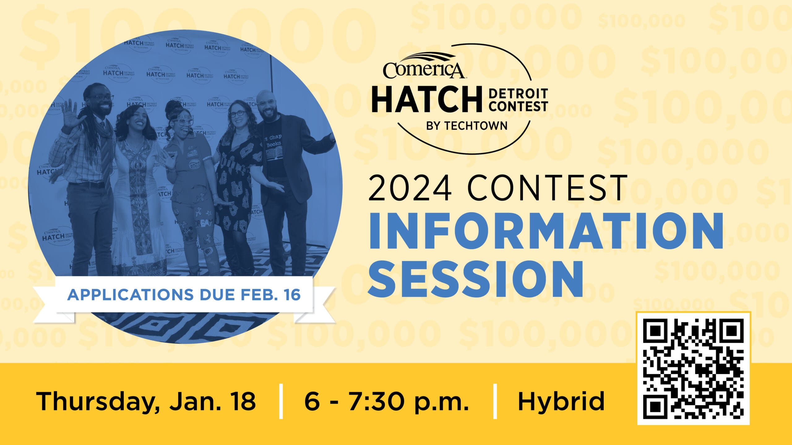 Promotional graphic for the Comerica Hatch by TechTown's information session that will be on Jan. 18 from 6 - 7:30 p.m.