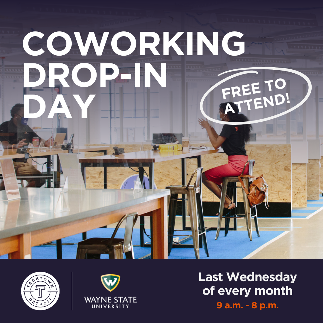 graphic promoting TechTown's Coworking drop-in day that occurs the last Wednesday of every month