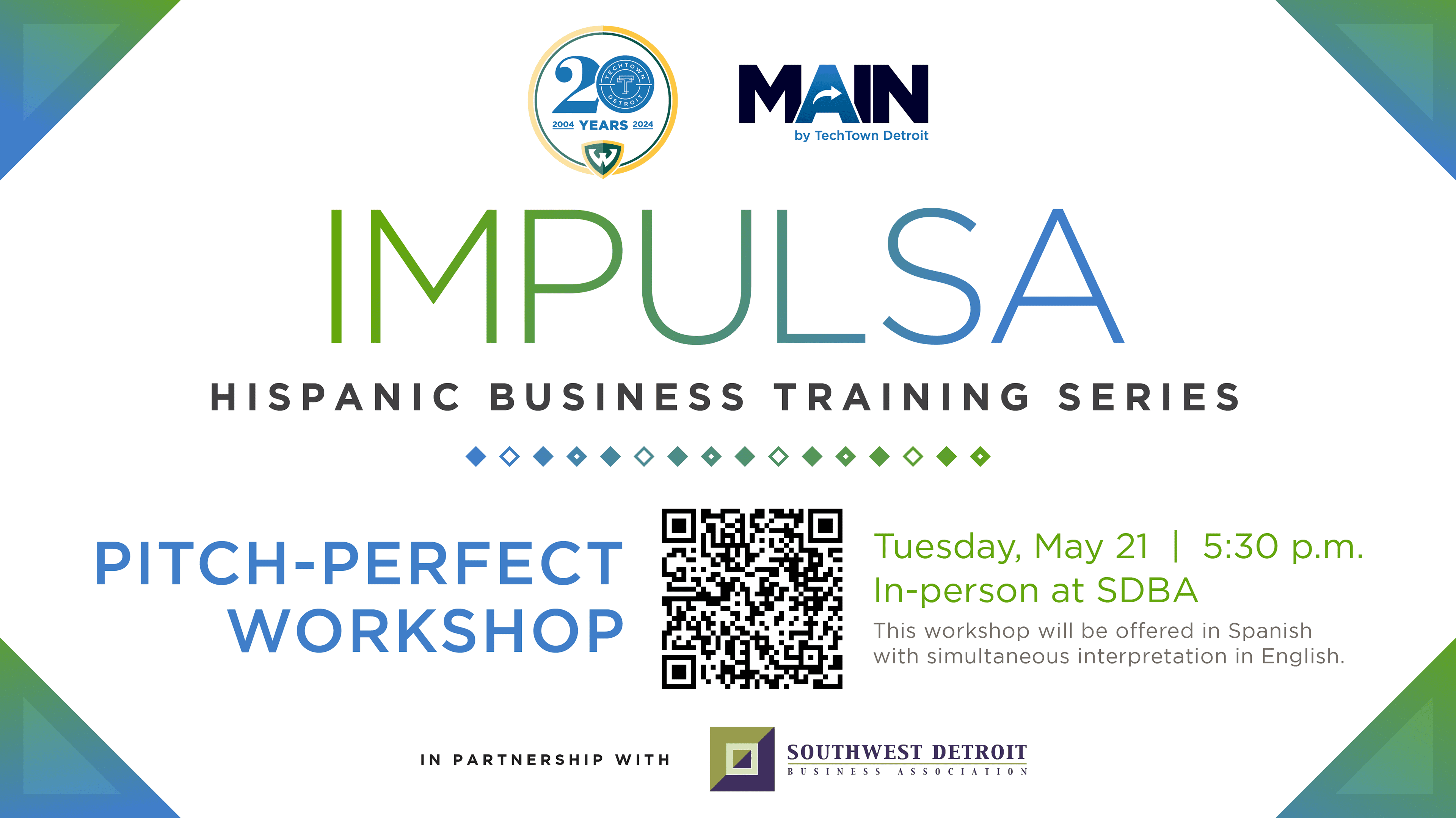 Promotional graphic for TechTown Detroit's Impulsa, Hispanic Business Training Series