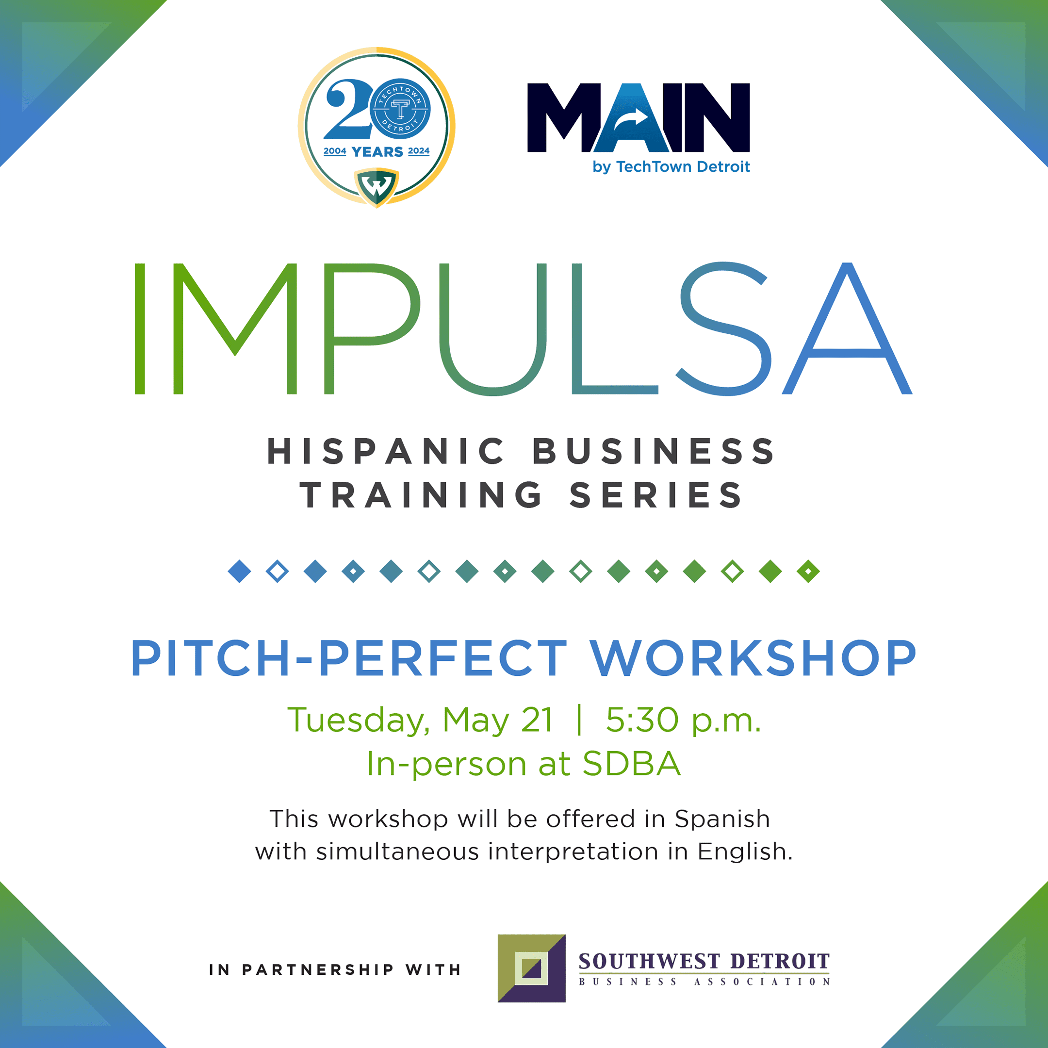 Promotional graphic for TechTown Detroit's Impulsa, Hispanic Business Training Series