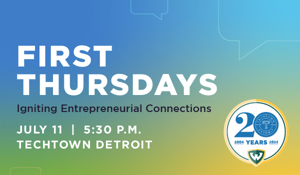 Promotional graphic that says "First Thursdays Igniting Entrepreneurial Connections on July 11 at 5:30 p.m.