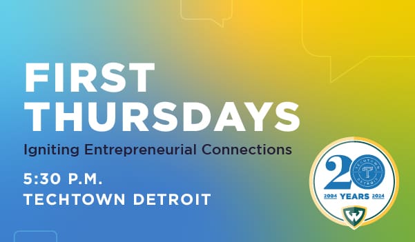 Promotional graphic for TechTown's First Thursdays event at 5:30 p.m.