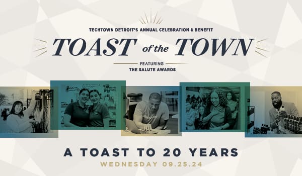 Promotional graphic for TechTown Detroit's Toast of the Town Event celebrating 20 years.