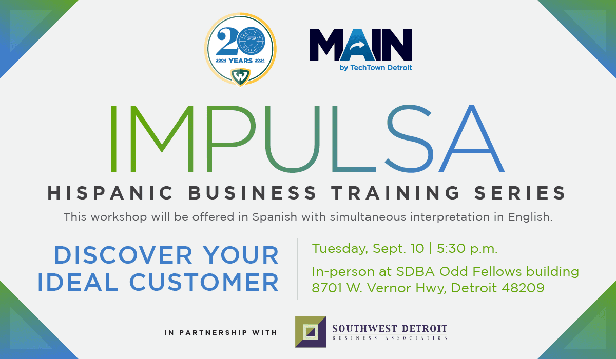 Promotional graphic that reads "Impulsa: Hispanic Business Training Seriest, Discover your ideal customer. Tuesday, Sept. 10 at 5:30pm