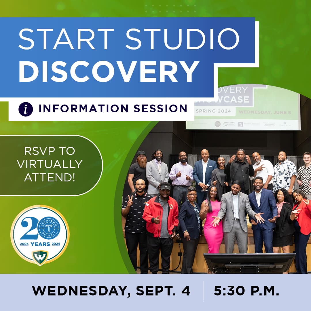 A promotional graphic that reads "Start Studio Discovery Information Session. RSVP to Virtually attend! Wednesday. Sept. 4 at 5:30 p.m.