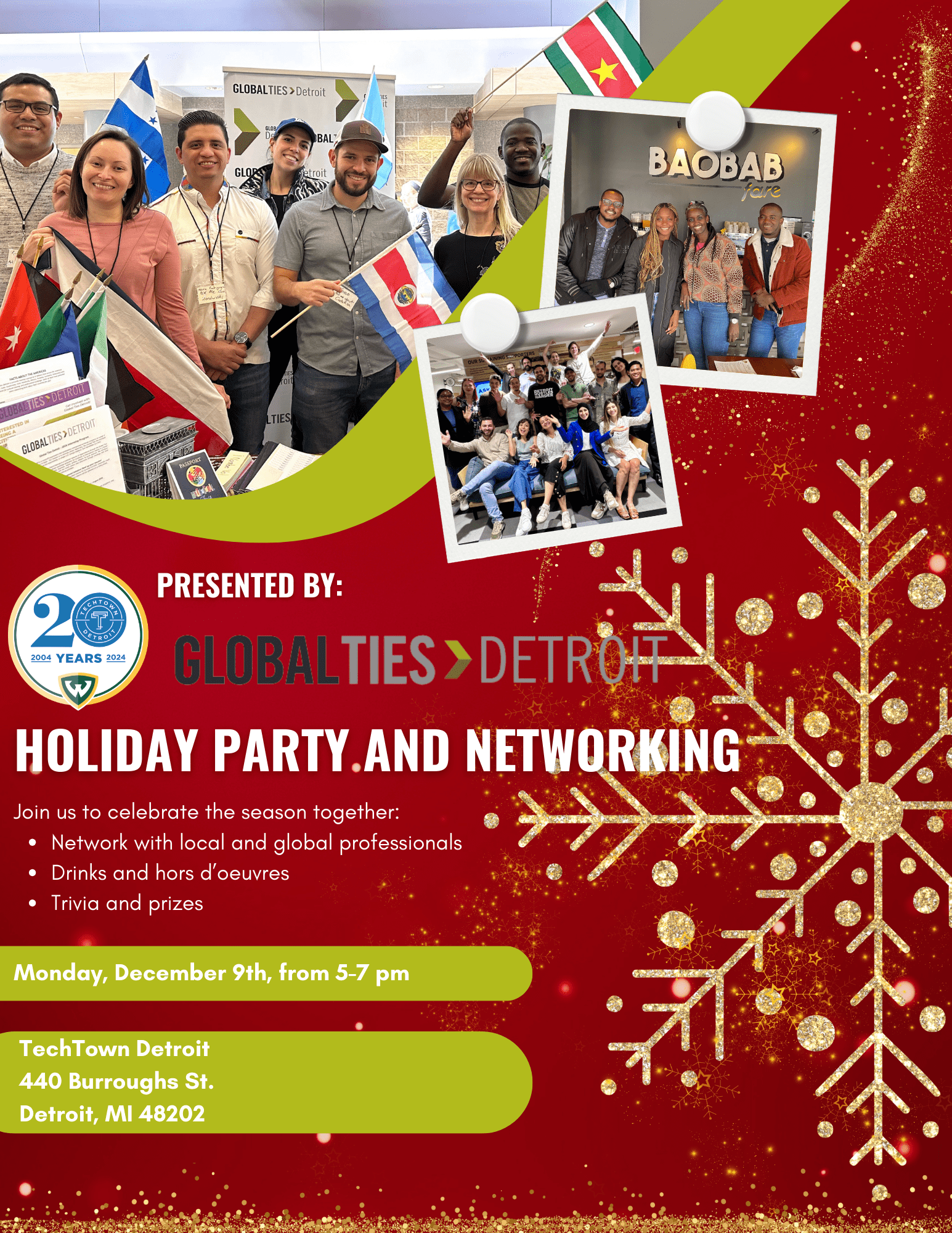 Promotional graphic that reads "Global Ties Detroit Holiday Party and Networking presented by TechTown Detroit"