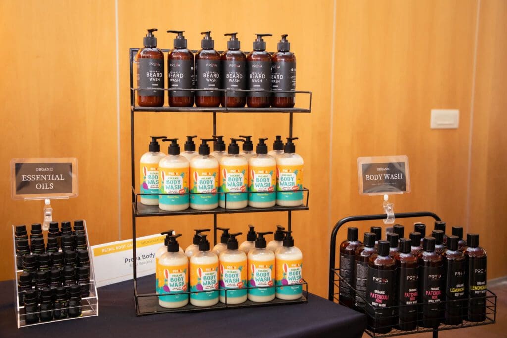 A table display of products from the organic skincare line Preva Body