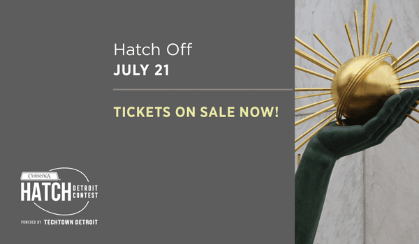 Hatch off graphic with Spirit of Detroit hand