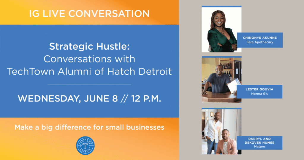 Graphic of TechTown alumni involved in Instagram Live conversation on June 8 at 12 p.m.