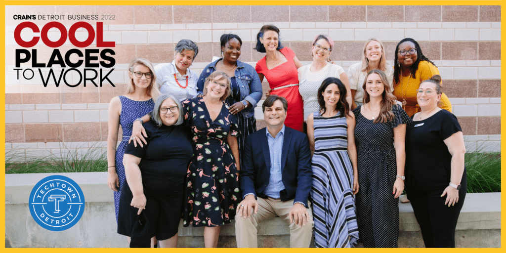Photo of TechTown team members and the Crain's 2022 Cool Places to Work logo
